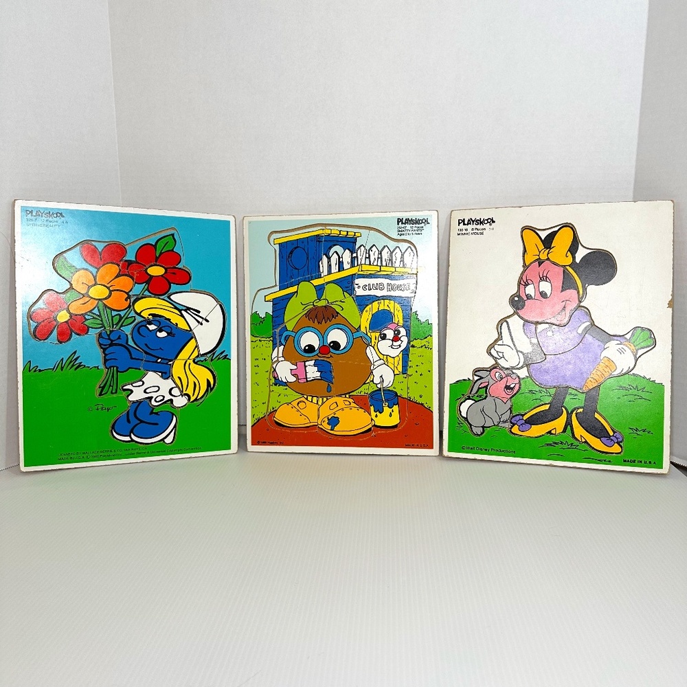 Vintage Lot of 3 Playskool Sifo Wooden puzzles Smurfette, Potato Head, Minnie
